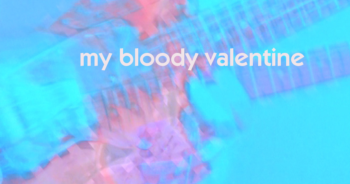 Apa itu shoegaze, grafis resmi My Bloody Valentine dengan gitar yang buram dalam warna biru dan merah muda
